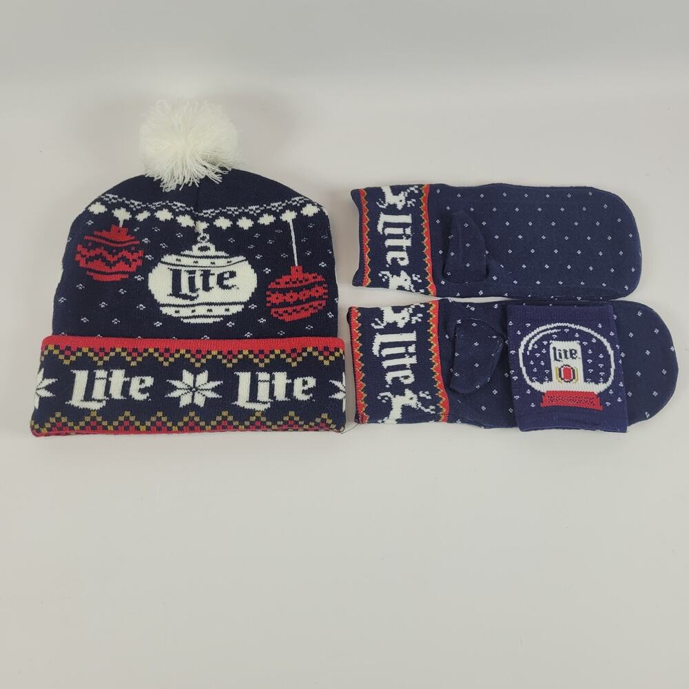 Miller Lite Beanie Beer Can Knit Mittens Holiday Pom Pom Hat Ornament Snowflakes